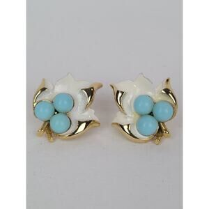Vintage Sarah Coventry Gold Tone Leaf Clip On Earrings Blue & White